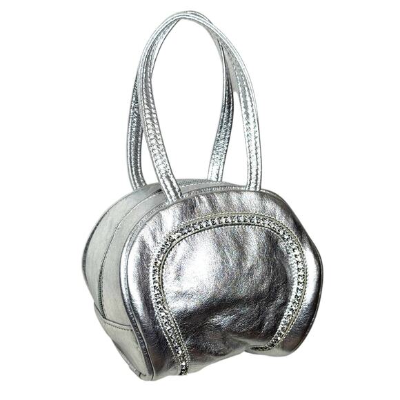 Dawli Circle Handbag Purse Metallic‎ Silver Rhinestone Leather Chic Event Clutch - Picture 1 of 11